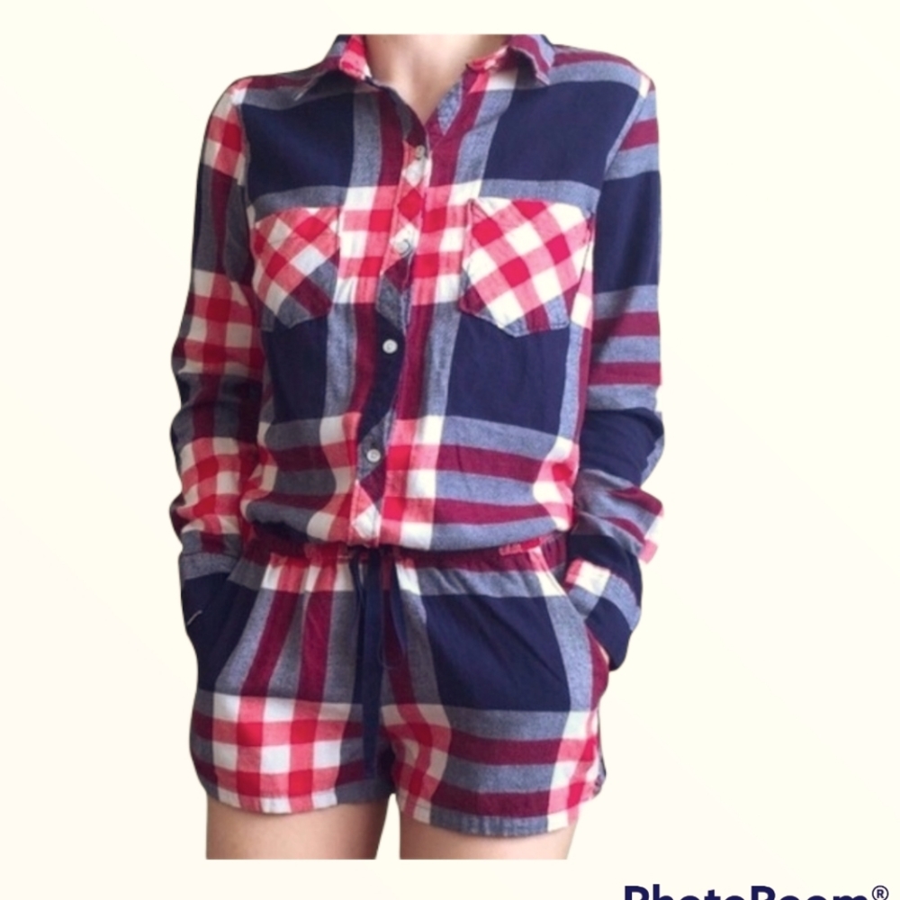 Aerie Red Plaid Long Sleeve Romper, Size Medium